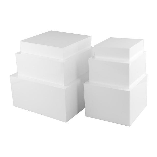 Tnarru 6 Pieces Food Riser Buffet Riser Food Display Stands made of white acrylic, featuring six stackable risers in varying sizes: 11''x11''x6'', 10''x10''x4'', 9''x9''x2'', 8''x8''x6'', 7''x7''x4'', and 6''x6''x2''. Designed with hollow bottoms for aesthetic appeal and functionality, ideal for serveware, cake stands, or displaying cupcakes, jewelry, figurines, or food at events like weddings, birthdays, and buffets.