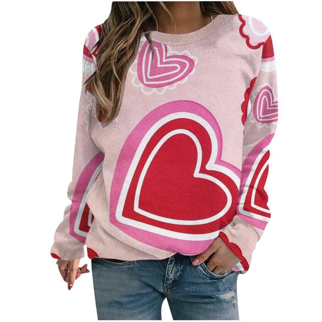 VALMASS Chandails en Molleton de la Saint-Valentin pour Femmes Manches Longues Col Rond Décontracté Mode Ample Blouses (L, Rose-B)