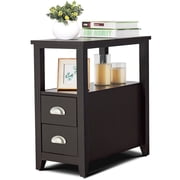 Patiojoy Retro Wooden Side End Table Rectangular Nightstand W/ 2 Drawers & Shelf Coffee