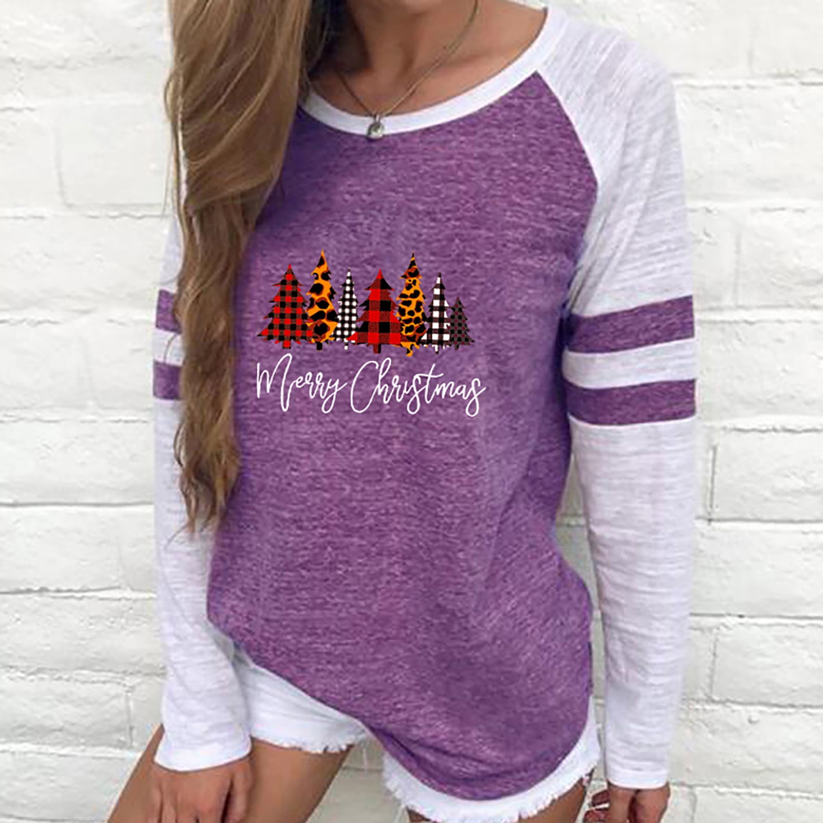 T-shirts pour Femmes Imprimé Patchwork Col Rond T-Shirt Décontracté de Noël Tee Blouse Hauts Blouses Grande Taille pour Femmes en Liquidation