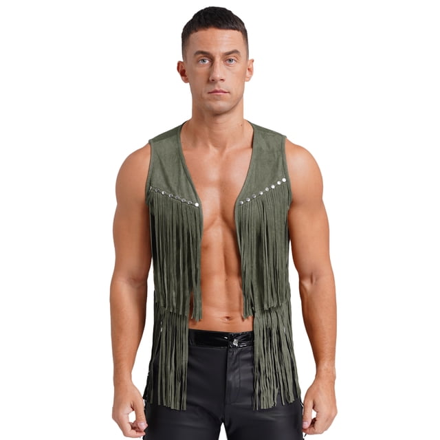 Sxiwei Gilet Sans Manches en Faux Suède à Franges avec Rivets, Ouvert à l'Avant, Style Cowboy pour Homme, Vert Armée, m
