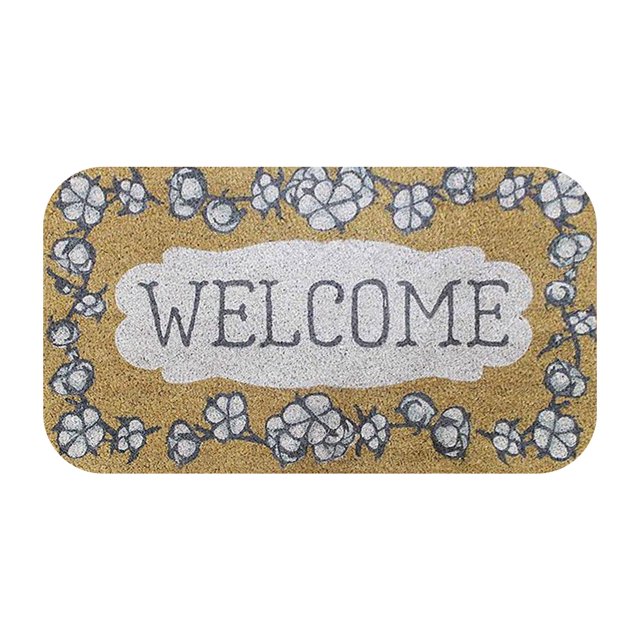 Leutsin Welcome Doormats Home Carpets Decor Carpet Living Room Carpet featuring a rectangular design with rounded corners. The mat displays a 'Welcome' text in bold, centered on a beige background with a floral border in shades of white and grey. Made with anti-slip backing and HD printing, it is suitable for indoor use and easy to clean. Dimensions are approximately 40cm x 60cm (23.6 x 15.7 inches).