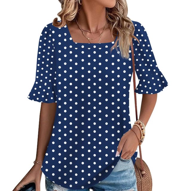 Wensltd Women's Summer Loose Blouses Printed Ruffled Sleeve Square Neck Top