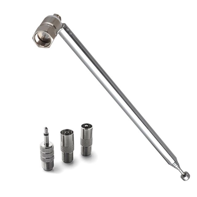 Metal FM Radio Antenna with 10 extension sections, adjustable length from 150mm to 750mm, designed for improved reception in poor signal areas. Includes a male F connector and three adapters: PAL male, PAL female, and 3.5mm male. Ideal for indoor radios, home stereos, HiFi systems, mini systems, and car antennas. Easy installation with screw or plug compatibility.