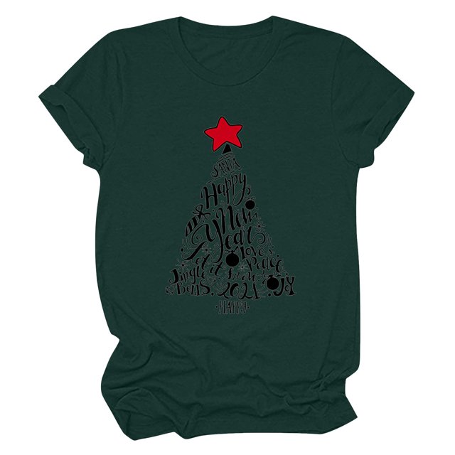 T-shirt Décontracté pour Femmes à Col Rond et Manches Courtes avec Imprimé de Sapin de Noël