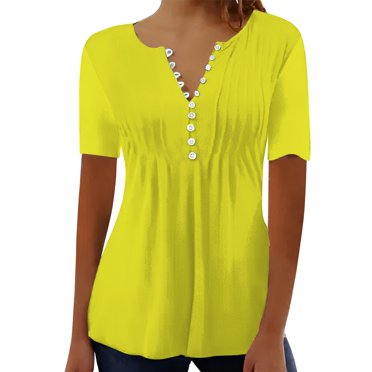 WTXUE T-Shirts Short Sleeve, Slit Neck Shirts for Women's Pleated Button Open Loose T Shirt Top Solid | Casual for Women Yellow S