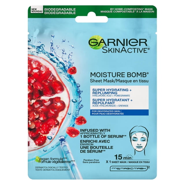 Garnier SkinActive Moisture Bomb Super Hydrating Sheet Mask with Pomegranate in light blue biodegradable packaging featuring a pomegranate splash, infused with hyaluronic acid for super hydrating and replumping benefits, vegan and paraben-free, designed for dehydrated skin with a 15-minute use time.