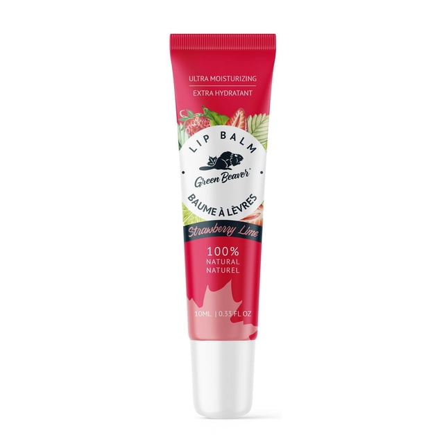 Green Beaver Ultra Moisturizing Lip Balm - Strawberry-Lime in a 10ml (0.33 fl oz) red and white squeezable tube with strawberry and lime leaf illustrations, 100% natural formula designed to deeply moisturize, protect, and soothe dry lips, featuring bilingual English and French text.
