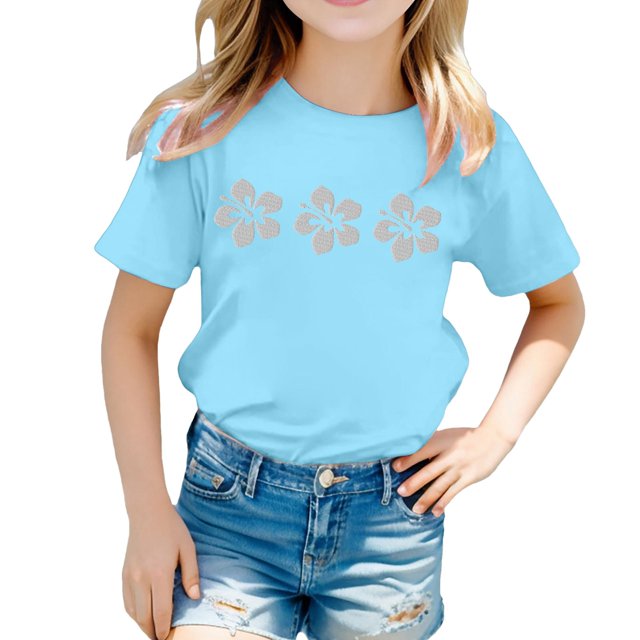 WEIYLL T-Shirt pour Filles Imprimé Floral Col Rond Manches Courtes Décontracté Doux pour 3-4 Ans