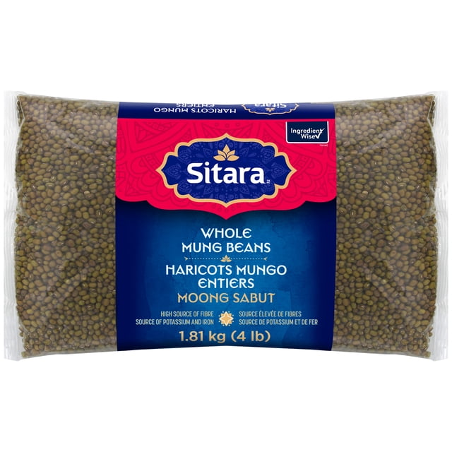 Sitara Whole Mung Beans in a clear plastic bag with a blue and red label, showing small green dried mung beans inside, labeled as a high source of fibre and a source of potassium and iron, weighing 1.81 kg (4 lb), suitable for soups, curries, and grain bowls.