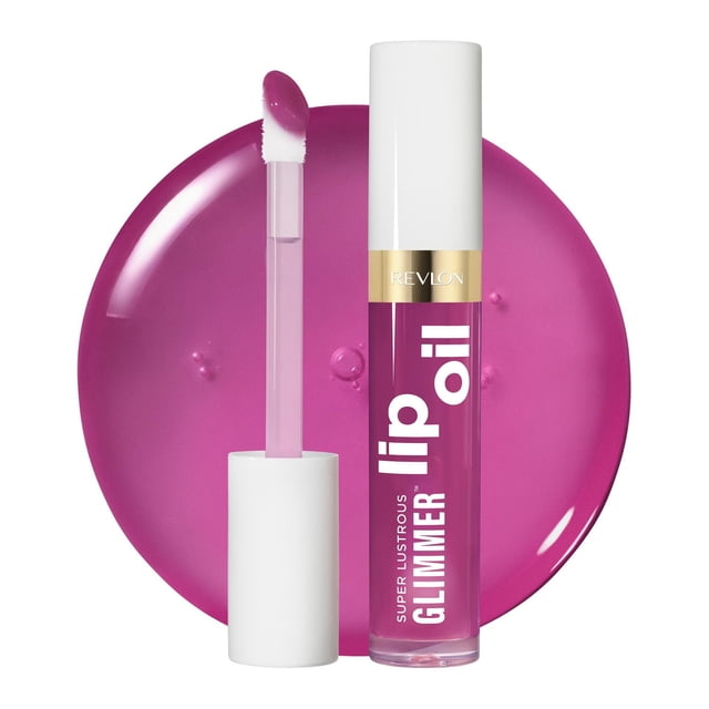 Super Lustrous Glimmer™ Lip Oil by Revlon in a clear tube with white cap and gold band, showing vibrant pink lip oil and plush applicator, set against a glossy pink oil smear background, offering intensely hydrating shine and a lightweight, non-sticky formula suitable for smooth, plump lips.