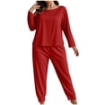 thumbnail image 3 of Oksale Ensemble de Détente 2 Pcs Femmes Ample Manches Longues Col Ras du Cou Grande Taille Pyjamas Couleur Unie Joggers Ensembles de Pyjamas Ensemble Confortable Rouge TG, 3 of 5