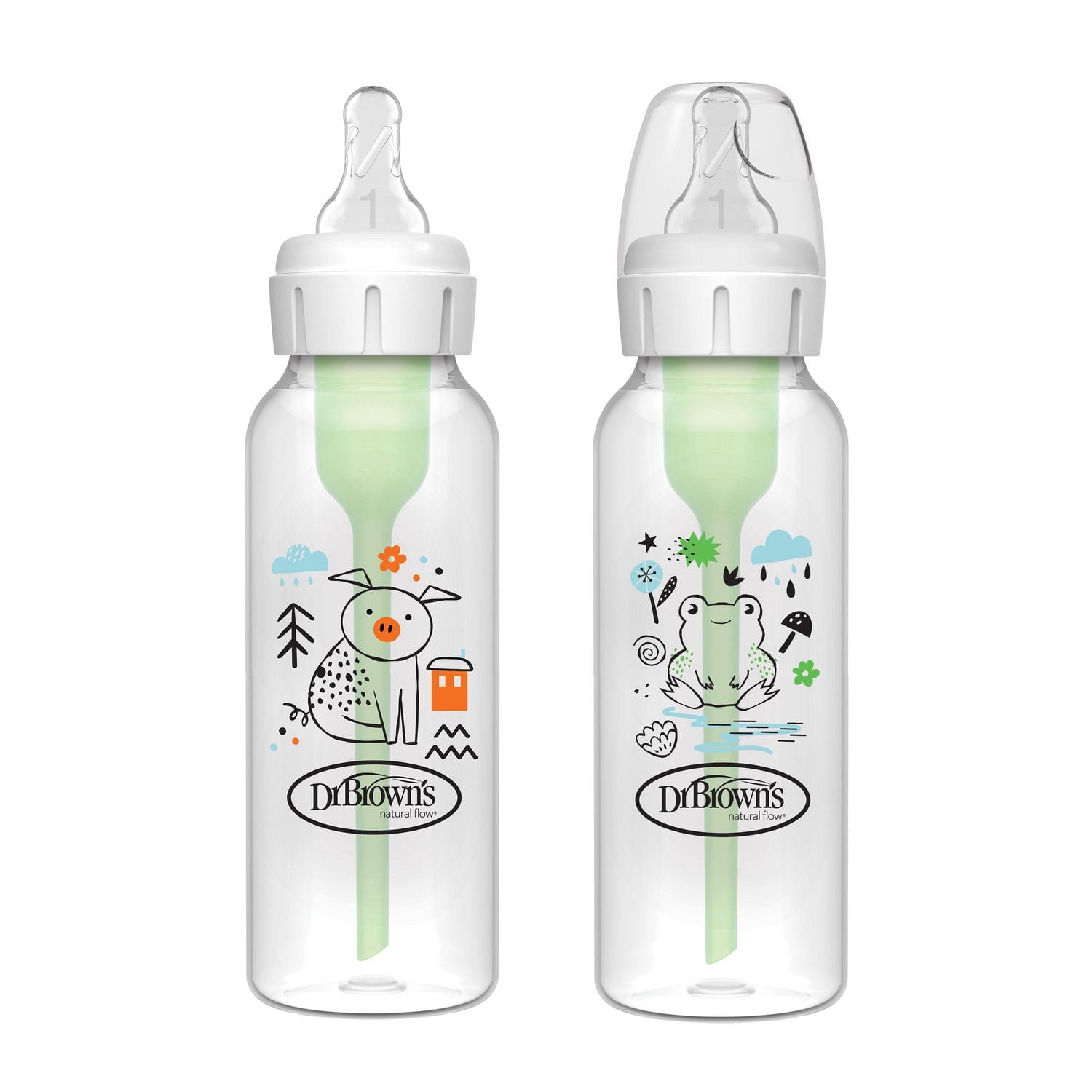 Dr. Brown's Natural Flow Anti-Colic Options+ Narrow Baby Bottle with Level 1 Slow Flow Nipple, BPA Free, 0m+, 2x8oz Bottles (Pig and Frog)