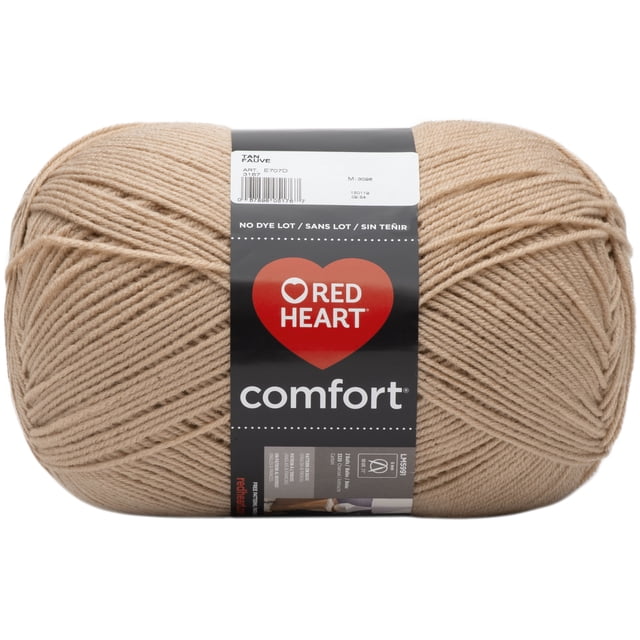 Red Heart® Comfort® Yarn in tan, solid acrylic #4 medium worsted weight, 16oz (454g) ball with 867 yards, tightly wound strands and black label with red heart logo and care instructions, ideal for knitting, crochet, and cozy blankets.
