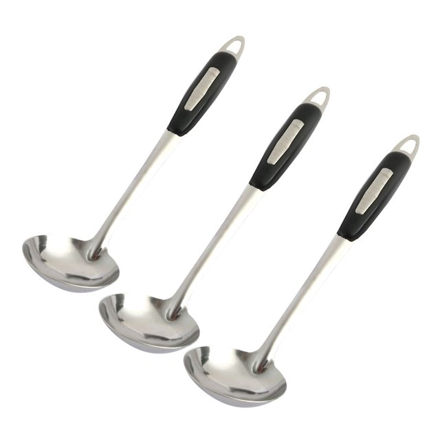 Unique Bargains Household Kitchen Stainless Steel Soup Cooking Ladle Black Silver Tone 3pcs
