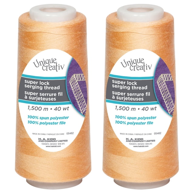 UNIQUE CREATIV TRULOCK Fil à Tricoter en Pêche, polyester Filé 100 %, 40 wt, Cône de 1500 m pour machines overlock, Présenté en Deux Cônes avec Dessus en Plastique Blanc et Étiquettes Mettant en Valeur une Alimentation Lisse et une Durabilité pour les Coutures, Ourlets et Finitions de Bord, Convient aux Projets de Couture et d'Artisanat.