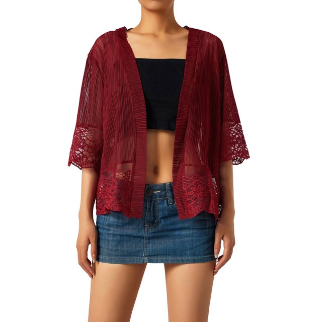 Summer Women's Open Front Shrug Short Sleeve Solid Color Lace Patchwork Cardigan Sheer Bolero Cover Up