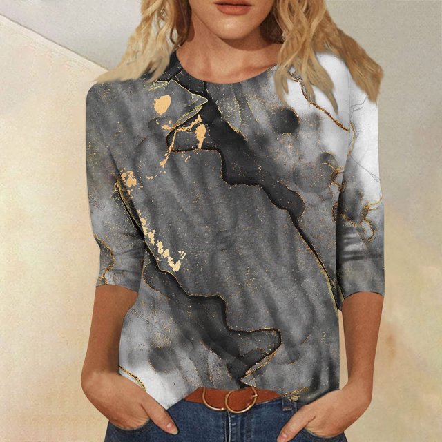 EQWLJWE Liquidation d'Économies d'Été! T-Shirts à Imprimé Graphique pour Femmes à Manches 3/4, T-Shirts d'Entraînement, Col Rond, T-Shirt Décontracté, Haut Gris G