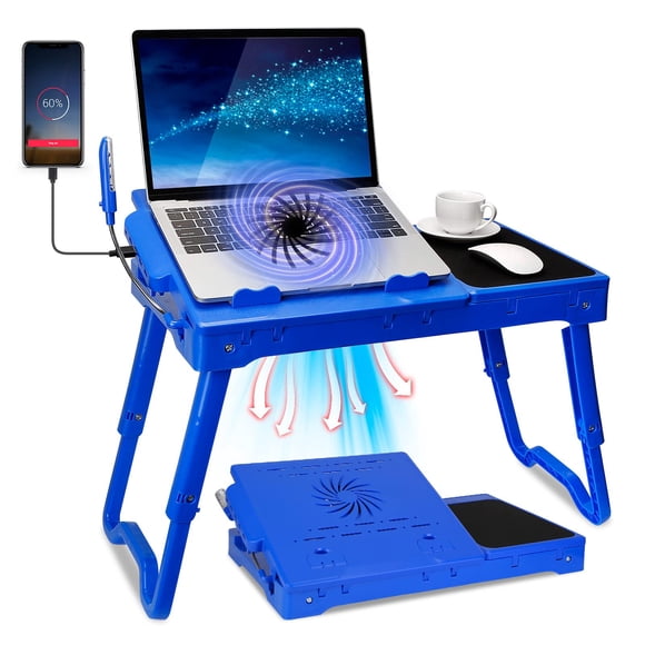 Bureau pour Ordinateur Portable pour Lit, Table de Plateau pour Canapé Sofa, Bureau Portable Réglable en Hauteur Pliable avec Ventilateur de Refroidissement Lumière LED Tapis de Souris 4 Ports Hub USB (Bleu)