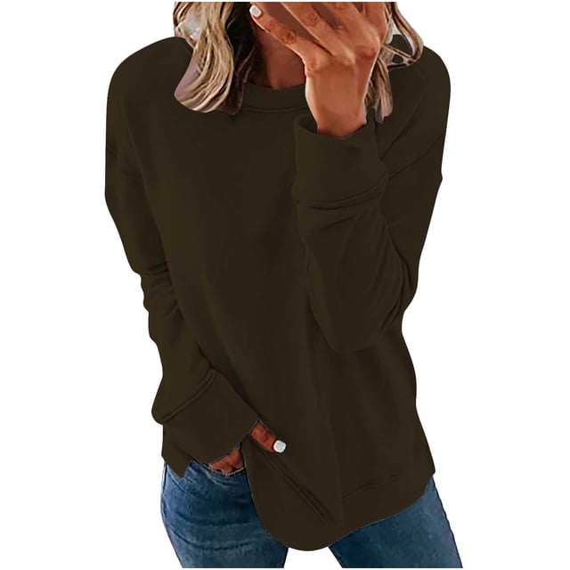 CEHVOM Femmes Manches Longues Chandails Décontractés Couleur Unie Col Rond Chandail en Molleton Chandail Tunique Ample Hauts Liquidation