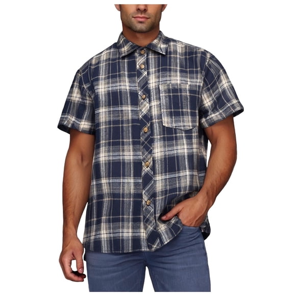 Men's Plaid Short Sleeve Shirt, Casual Button-Down Shirt with Chest Pocket, Regular Fit Polyester Shirt for Spring and Summer