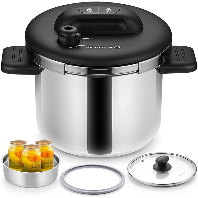 Koch Systeme CS 6.3-quart stainless steel pressure cooker with a durable design, featuring a secure locking lid, ergonomic handles, and a black top with pressure settings. Includes additional accessories such as a glass lid, sealing ring, and a steaming basket with jars of preserved food. Suitable for all stovetops and versatile for pressure cooking, steaming, and simmering.