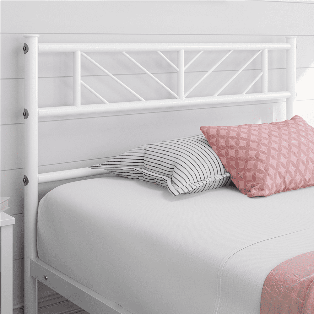 FullFurnique Minimalist Metal Platform Bed with Arrow Design Headboard for Adults, Full, White