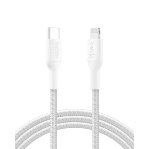 Belkin BoostCharge Pro USB-C sur le câble Lightning (2M/6.6ft.) Cord de charge rapide tressé MFi pour iPhone, iPad, AirPods, USB-C PD Compatible, Nylon Durable - blanc