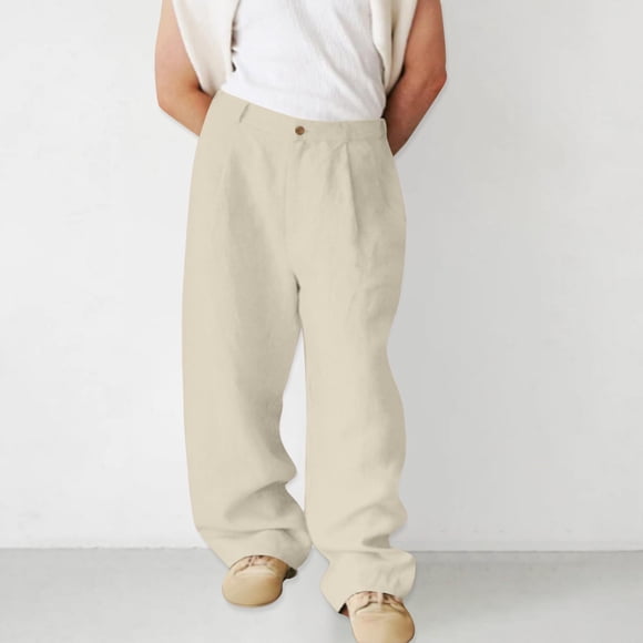 Mceream Mens Linen Pants Slim Casual Business Trousers Loose Stretch Elastic Waist Solid Straight Outdoor Sports Pants Pantalones De Hombre De Moda Khaki S