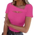 thumbnail image 2 of Lenpel T Shirts for Women Fashion Summer Short Sleeve Cutout Ribbed Knit Solid Color Slim Basic Tees Going out Tops, 2 of 7
