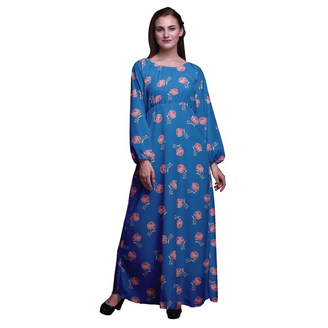 Bimba Robe Maxi à Manches Longues pour Femmes en Georgette Mousse Grandiflora à Imprimé Floral avec Taille Élastique - Moyen