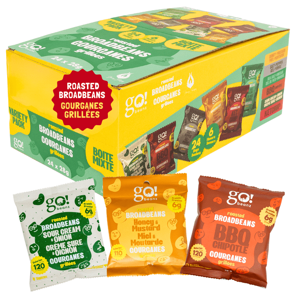 Lot de 24 Sacs, Assortiment de Fèves Larges Croustillantes Rôties Jimmy Sevigny, 6 Saveurs, Collation Riche en Protéines à Base de Plantes