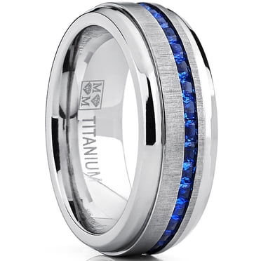 Men's 2.4Ct Eternity Titanium Wedding Band Engagement Ring W/ Blue Simulated Sapphire Cubic Zirconia Princess CZ