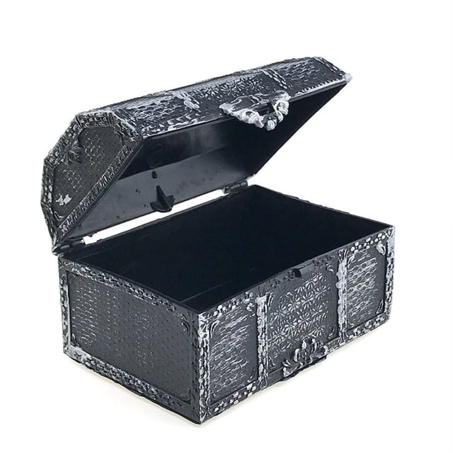 Retro Pirate Treasure Chests Collection Box, featuring a black, textured exterior with intricate detailing and a hinged lid. Measuring 10.2x7x6.3 cm, this portable and durable storage container is ideal for kids' toy storage, gifts, and prizes. The chest has a retro appearance with high coating technology to prevent paint peeling, ensuring durability and child-safe materials.