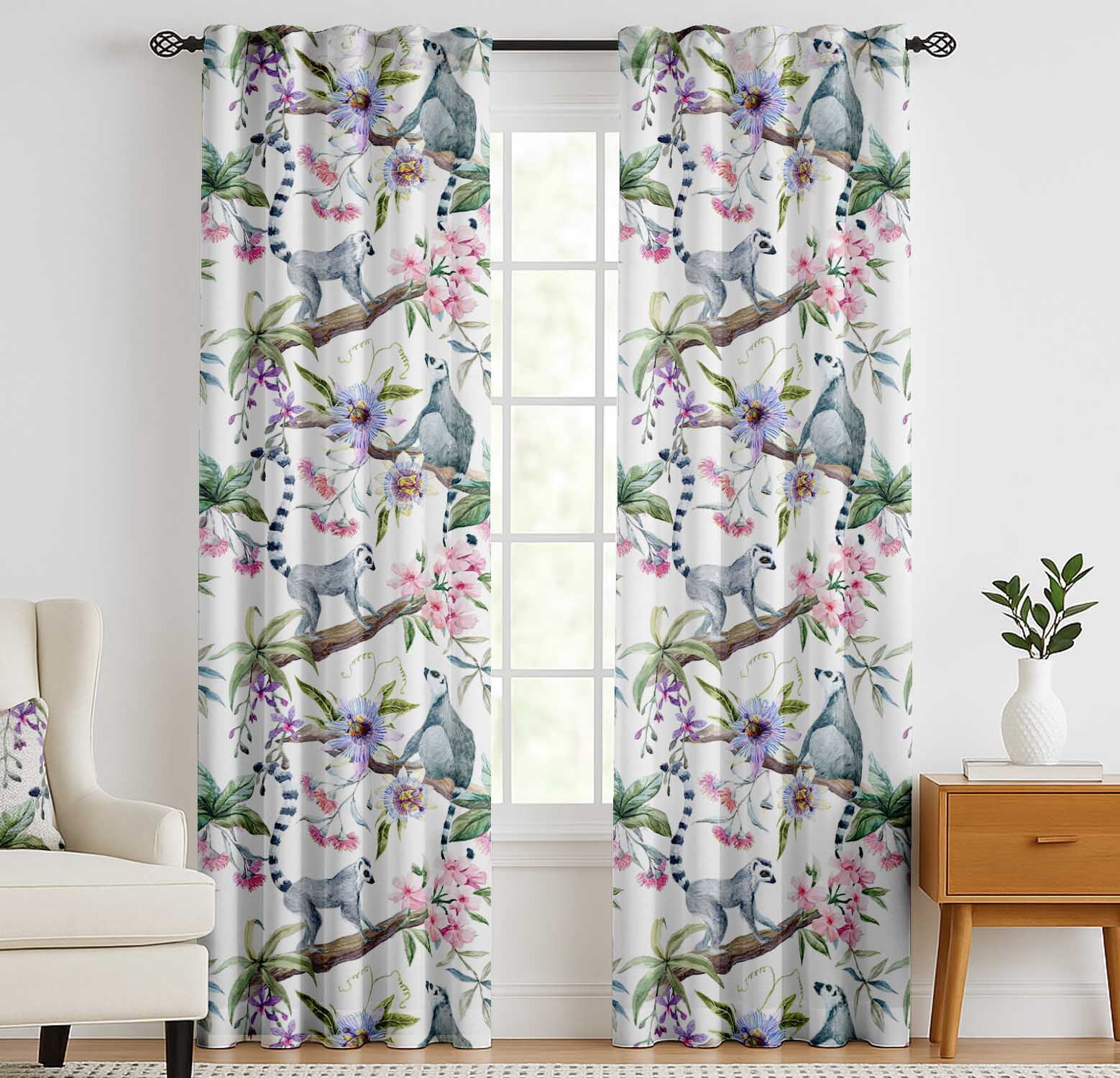 Vargottam Cotton Rod Pocket/Back Tab Curtains - 96" Floor-Length Drapes for Long Doors or Large Windows - Light Filtering, 3-in-1 Header - Set of 2, 52"x96" - Animal & Bloom Pattern (Pink)