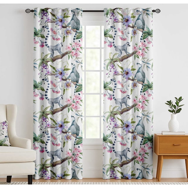 Vargottam Cotton Curtains for Windows - 3-in-1 Rod Pocket/Back Tab Short Window Drapes - Light Filtering Cotton Panels - Set of 2, 52"x63" - Animal & Bloom Pattern (Pink)