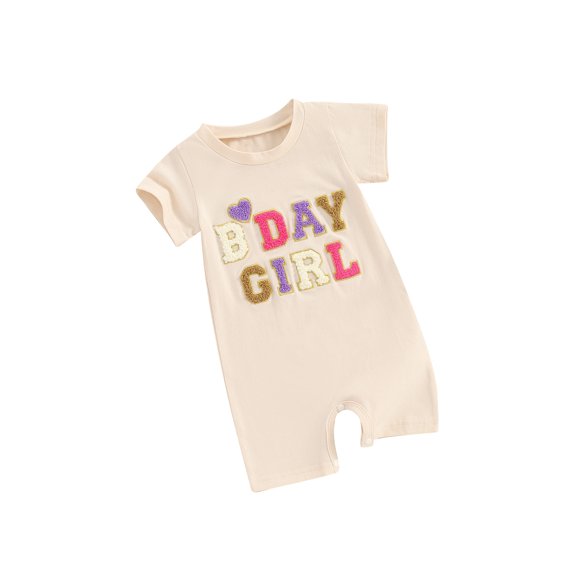 EYIIYE Barboteuse d'Anniversaire pour Tout-Petit Fille Nouveau-Né 3M 6M 12M 18M Combinaison à Manches Courtes Col Rond Salopette Justaucorps avec Broderie de Lettres et de Cœur Vêtements Amples et Décontractés pour Nourrisson Tenues d'Été