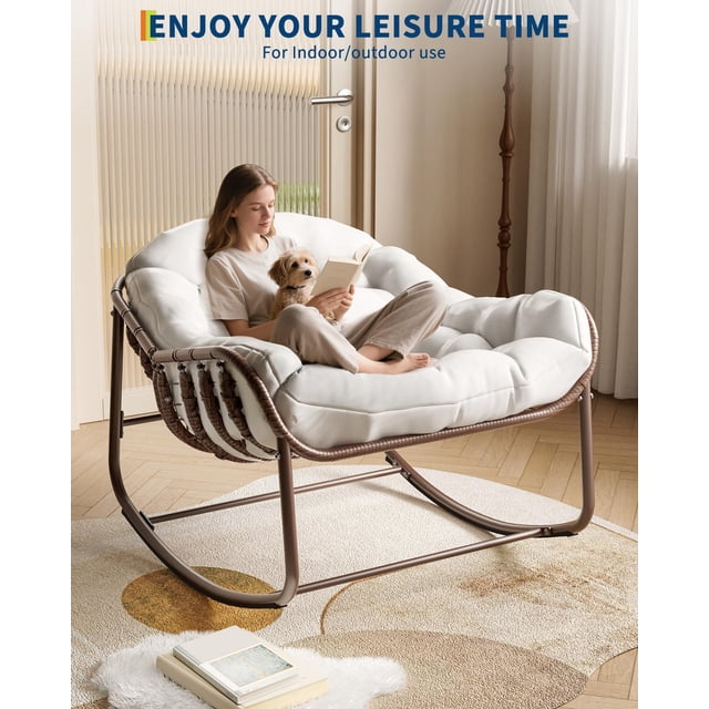 Kojooin Oversized Outdoor Rocking Chair, Comfy Papasan Rocker for Patio, Garden, Porch, Lawn or Bedroom