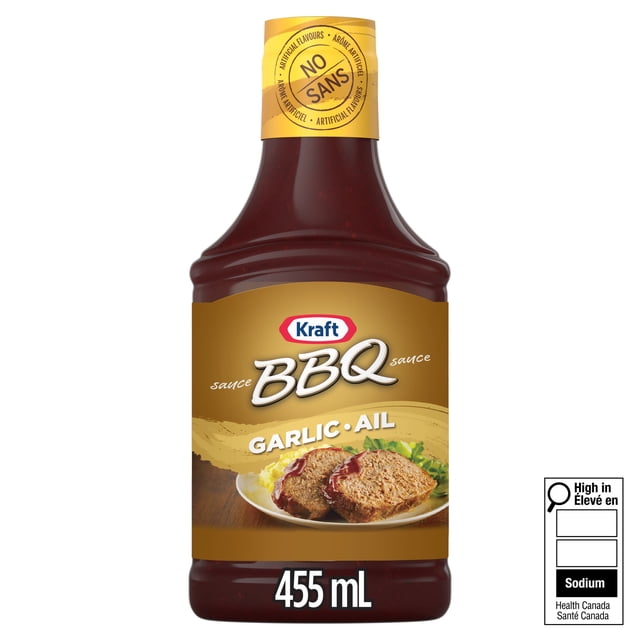 Kraft Sauce BBQ, Ail, Sans Caséine, Bouteille de 455 ml de Sauce barbecue Épaisse et Riche Brun Foncé à Saveur d'Ail, Sans Arômes Ni Agents de Conservation Artificiels, Étiquetée avec une Assiette de Pain de Viande Garni de Sauce, Idéale pour une Utilisation en Vrac au Garde-Manger et à l'Épicerie au Canada.