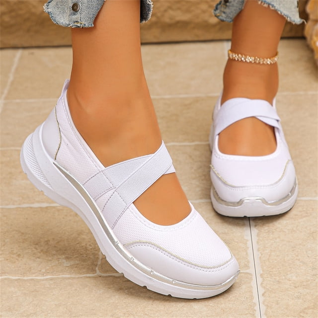 Commforr Chaussures pour Femmes Chaussures de Marche Femmes Habillées Été Plateforme Bout Rond Maille Respirante Sandales à Crochet et Boucle Confortables Extérieur Espadrilles Décontractées Antidérapantes pour Dames Blanc 6.5