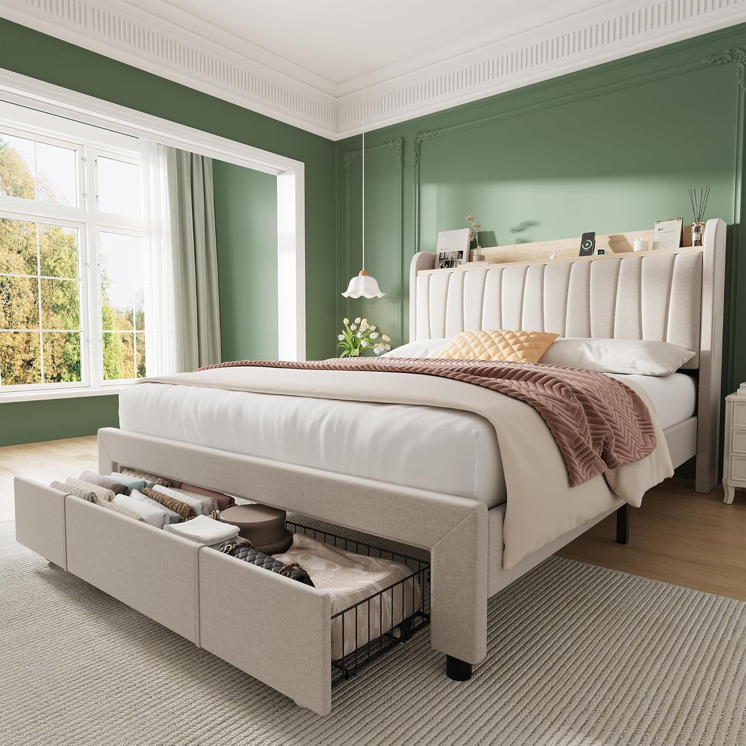 Upholstered Bed Frame with Storage Headboard and Charging Station, Platform Bed Frame with Drawers, Heavy Duty, No Box Spring Needed, Easy Assembly, Beige, Queen Size