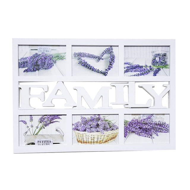 Collage Family Picture Frame Plastic Photo Frame in white, designed to display six 4x6 inch pictures. Made of durable, non-toxic PP plastic with a lightweight design. Features slightly skewed 'Family' lettering and a wall-mounting design for secure placement. Perfect for creating a photo collage and enhancing home décor with cherished family memories.