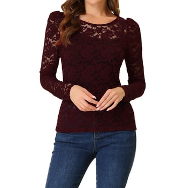 INSPIRE CHIC Hauts d'Halloween pour Femmes Manches Longues Bouffantes Semi-Transparents Blouses en Dentelle Florale m Bourgogne