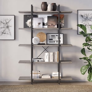 BELLEZE 5 Tier Bookshelf, Vintage Tall Bookcase Industrial Ladder Shelf Units Storage Organizer Rack Metal Frame Display Rack Wooden Standing Book Shelves for Living Room Bedroom, Gray Wash