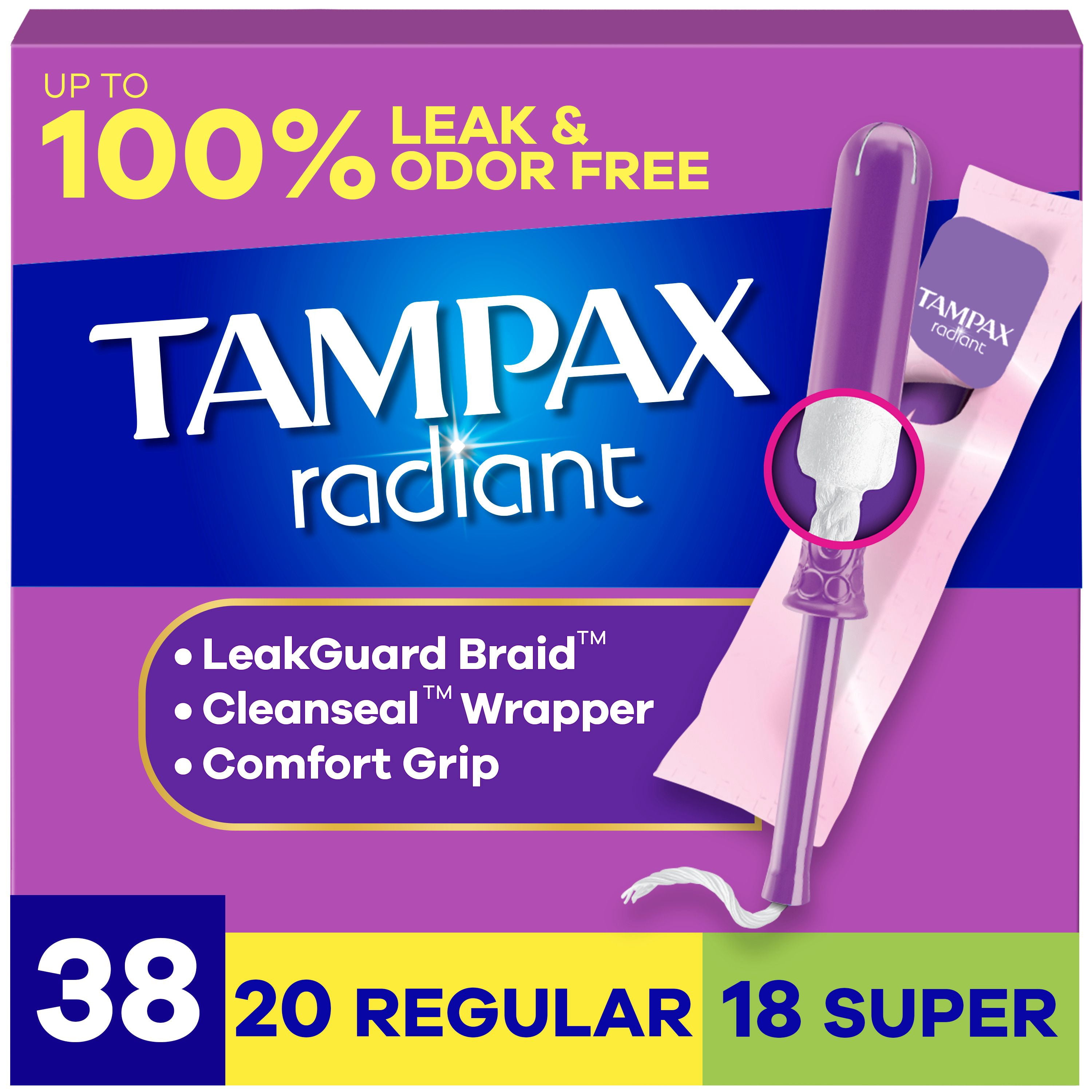 Tampax Radiant Emballage Multiple de Tampons, avec Tresse Anti-Fuites, Absorption Régulière/super, Non Parfumés