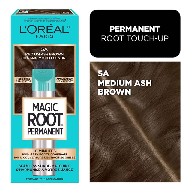 L'Oréal Paris Magic Root Permanent Hair Dye in 5A Medium Ash Brown with a mess-free precision applicator, providing permanent root touch-up for 100% grey coverage and seamless shade matching in 10 minutes, suitable for quick root colour maintenance.
