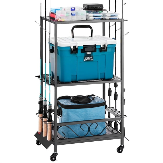 VEVOR 10 Pole Fishing Rod Holder Fishing Rack Cart Organizer with Wheels for Garage, designed for fishing rod storage and organization. Features durable alloy steel construction, expandable rubber clips to secure rods, and multi-layered shelves for tackle boxes, baits, and reels. Equipped with 360° rotating industrial-grade wheels with brakes for mobility and fixing. Ideal for garages, tool sheds, or storage rooms.