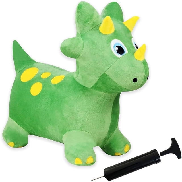 Jouet Gonflable Hopper pour Tout-Petit en Forme de Dinosaure Vert en Peluche à Rebond et à Chevaucher avec Pompe. Conçu pour le Jeu Extérieur, Ce Dinosaure Vert vibrant Hopper Présente des accents Jaunes et Est Fabriqué en Plastique durable Sans BPA Ni Phtalates. Comprend une Pompe Manuelle Gratuite pour un Gonflage Facile et une valve à Fermeture Automatique pour la Sécurité. Favorise la coordination, l'Équilibre et la circulation Lymphatique pendant le Jeu Énergétique.