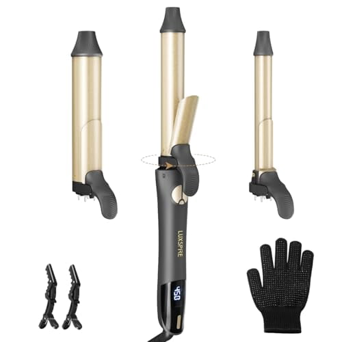 Rotating Curling Iron, 3 in 1 Automatic Curling Iron Set with Interchangeable Barrel 3/4, 1, 1 1/4 Inch, Instant Heat Dual Voltage Curling Wand for Lasting Beach Waves, Gold