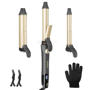 Roulement rotatif en fer, 3 en 1 Set de fer de curling automatique avec barre interchangeable 3/4, 1, 1 1/4 pouce, chaleur instantanée double tension de la baguette de curling pour les vagues de plage lasting, l'or